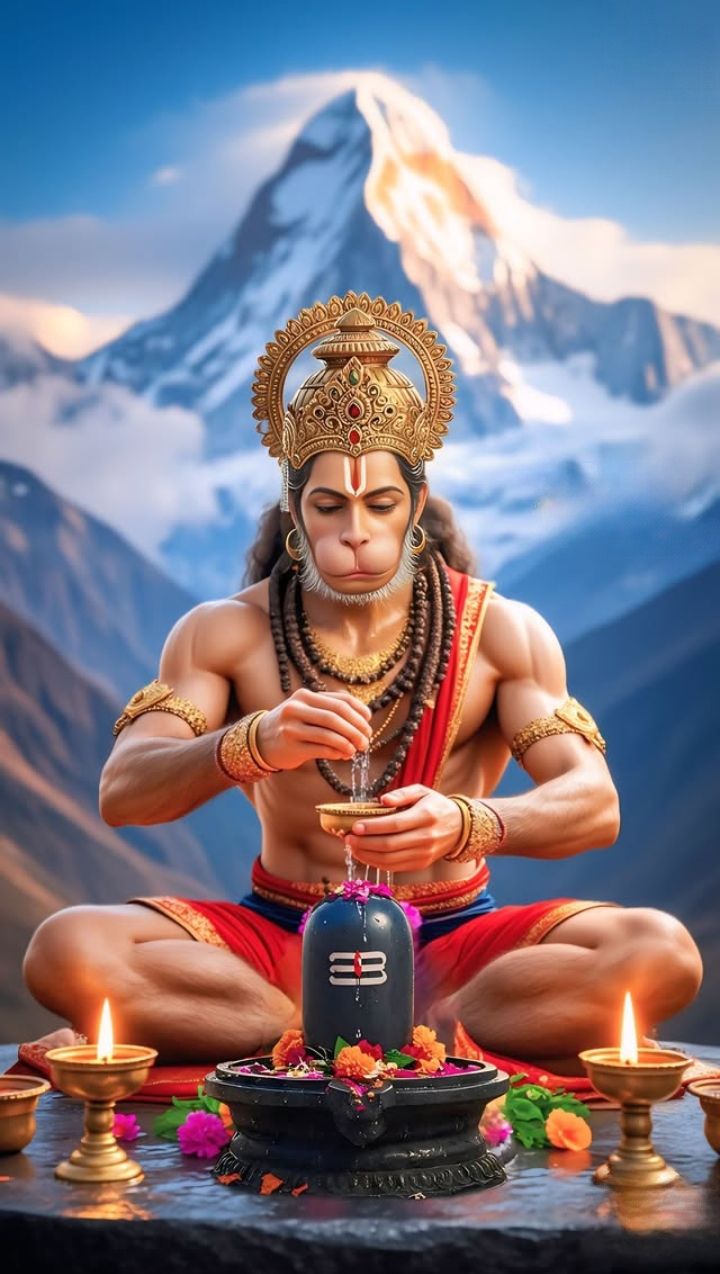 Hanuman offering water to shivalinga
