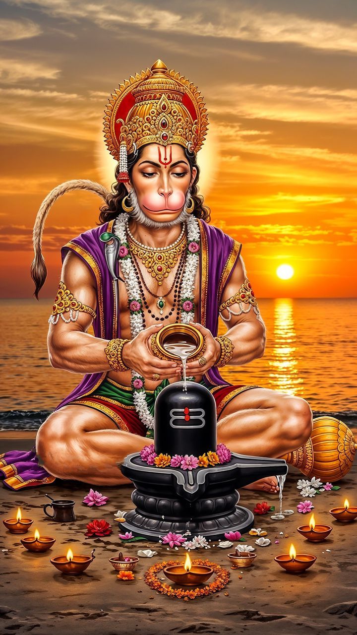 Hanuman offering water to Shivalinga