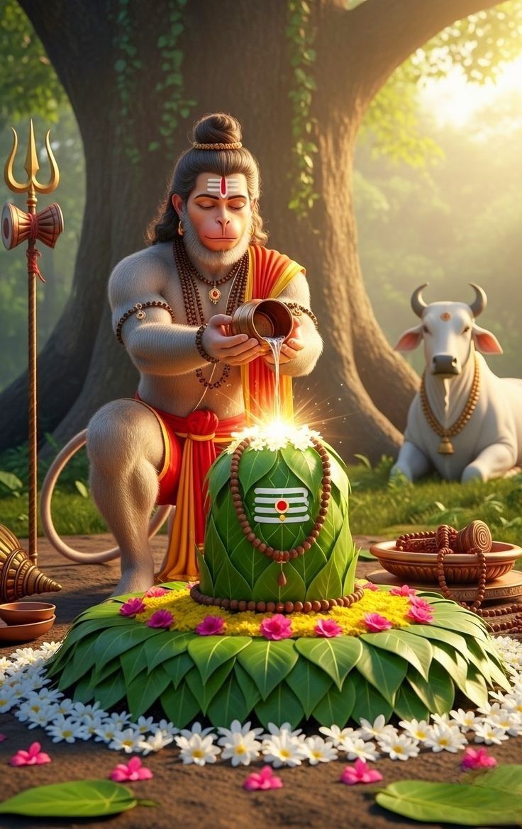 Hanuman offering water to Shiva Lingam