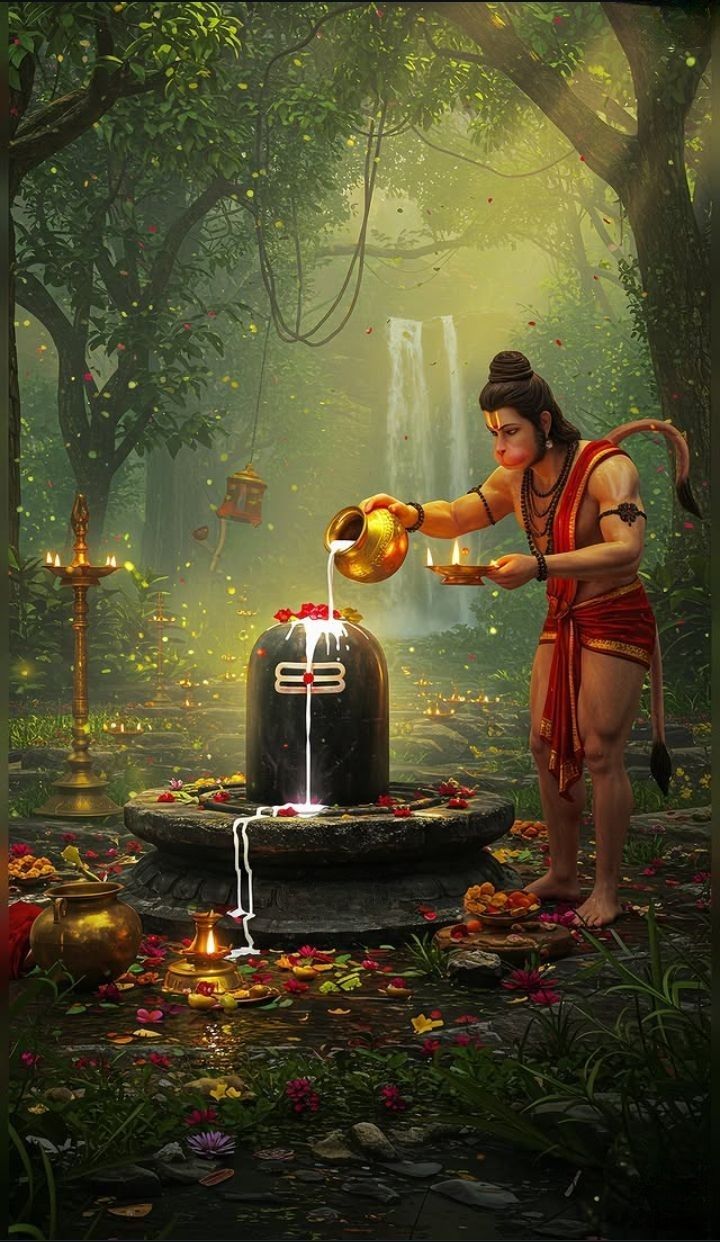Hanuman offering water to Shiva Lingam