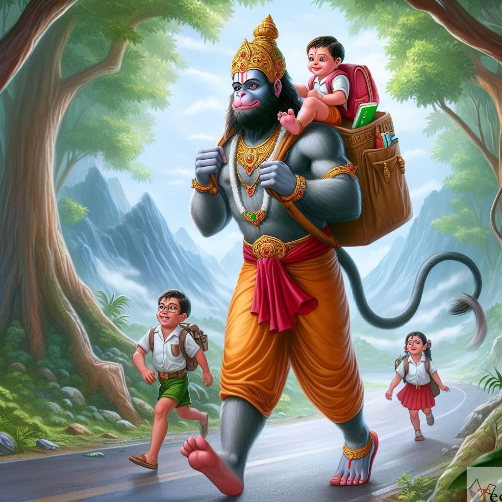 Hanuman carrying school children, devotional art