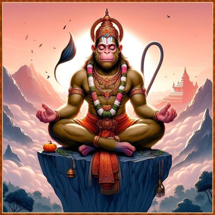 Hanuman meditating on a mountain peak