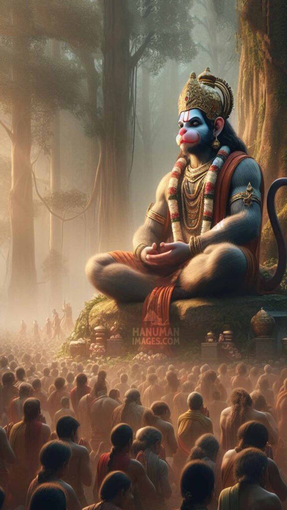 Hanuman meditating in a lush forest.