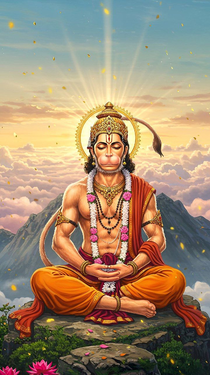 Hanuman meditating on a mountain peak