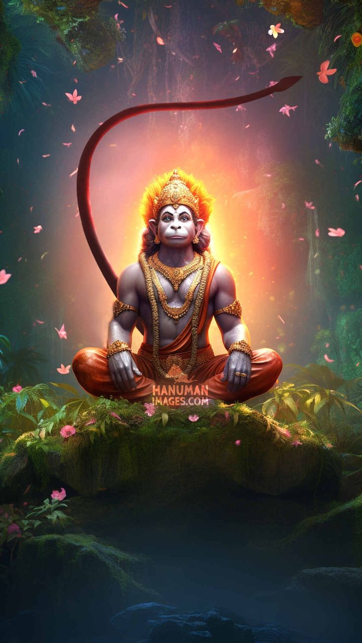 Hanuman sits peacefully in a forest.