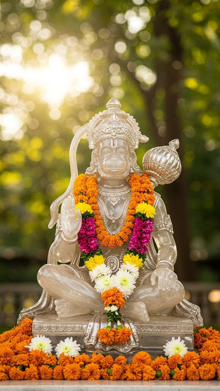 Hanuman statue with marigold flowers.
