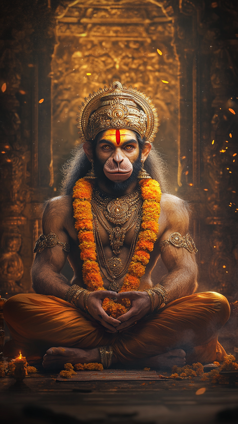 Hanuman in meditative pose, adorned with marigolds