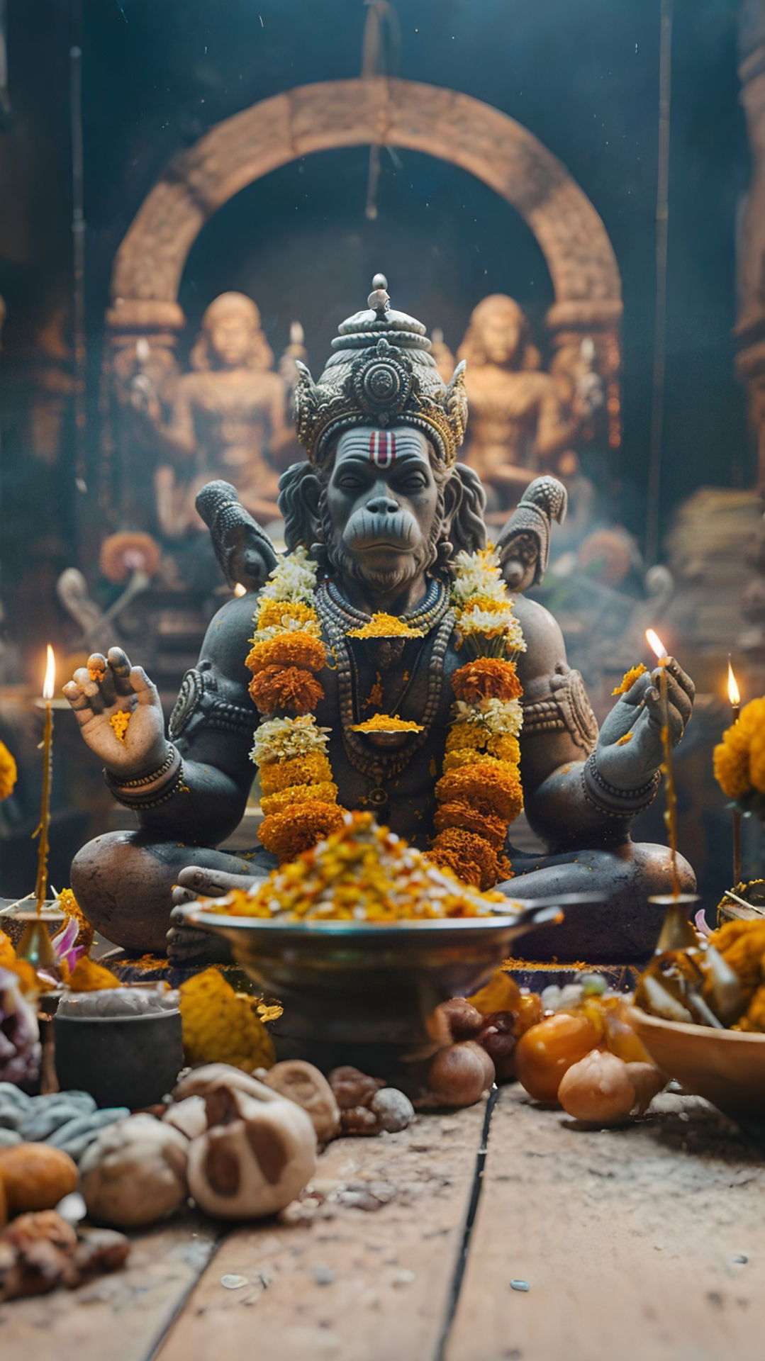 Hanuman statue with floral offerings.