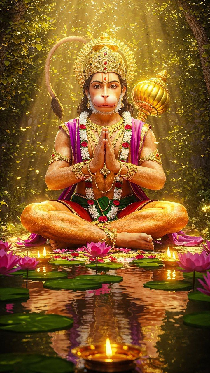 Hanuman praying amidst lotus flowers