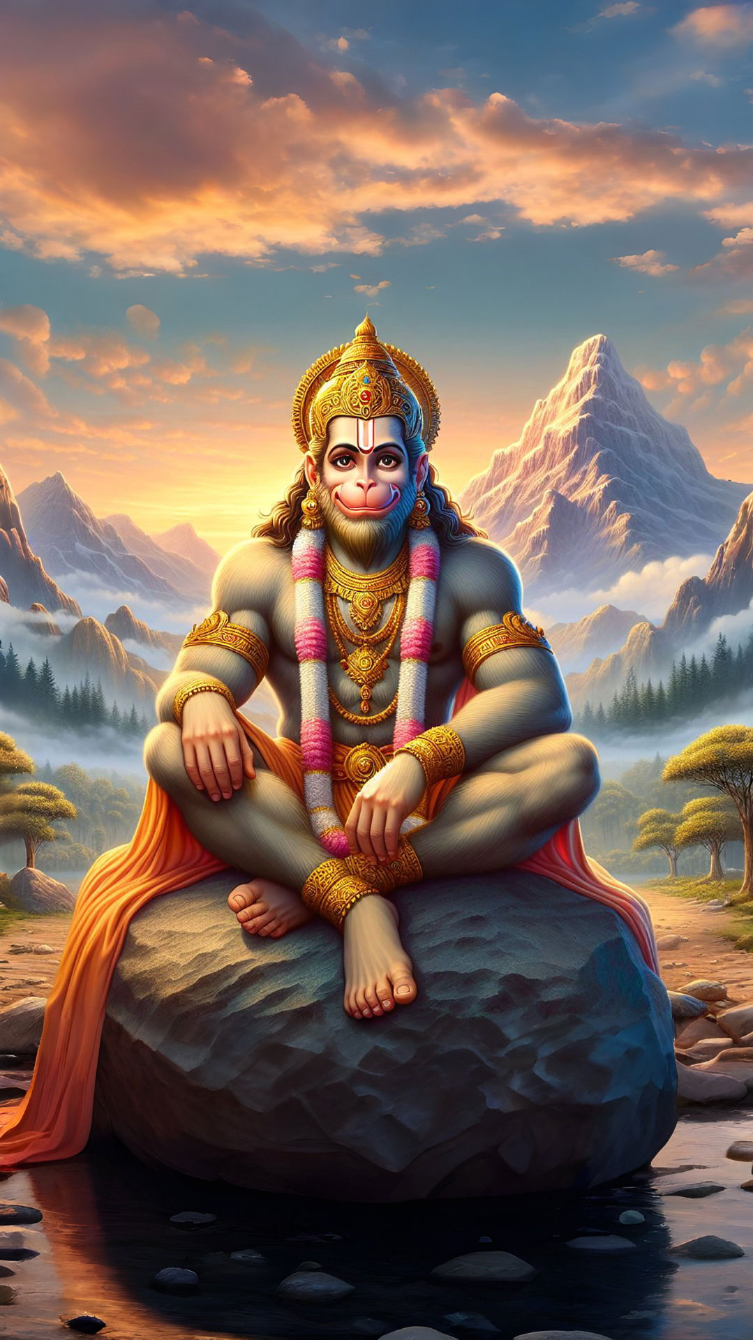 Hanuman meditating on a mountain peak