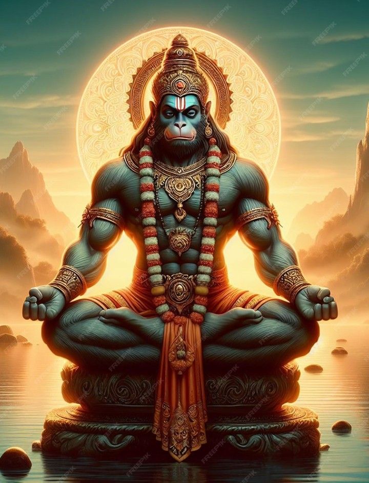 Hanuman meditating on a lotus seat.