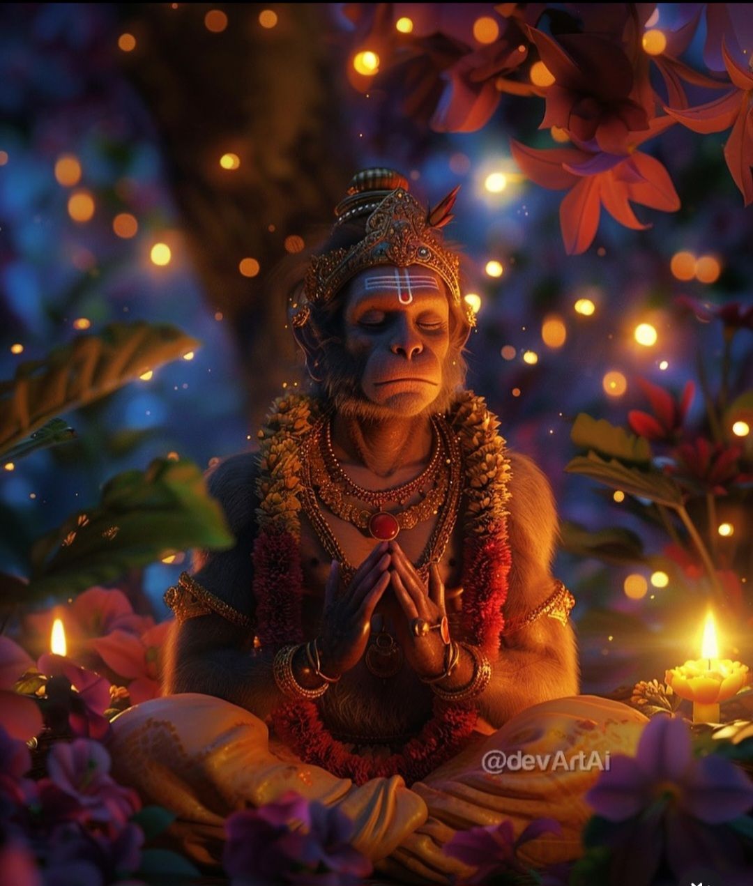 Hanuman in prayer with lotus flowers