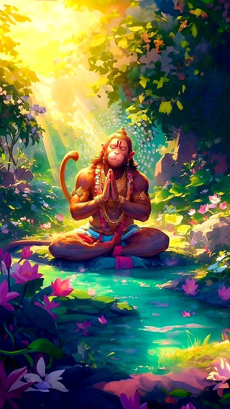 Hanuman prays amidst lotus flowers