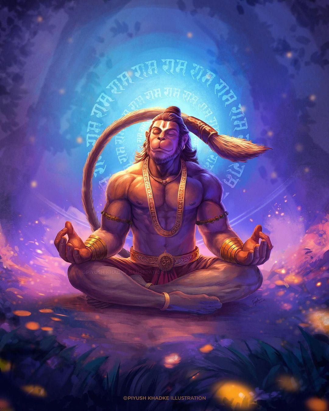 Hanuman meditating with \'Ram Ram\' halo