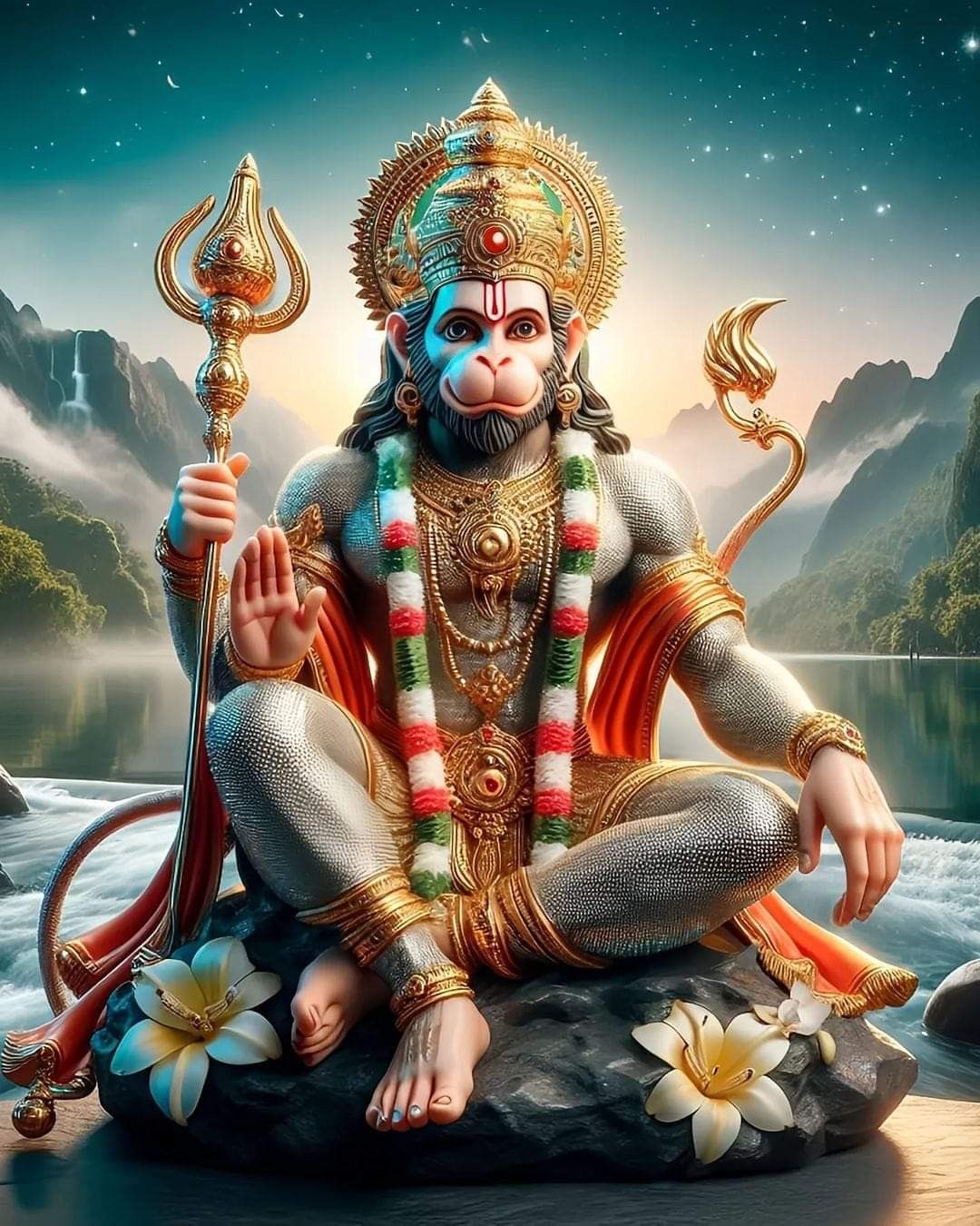 Hanuman meditating amidst nature\'s beauty