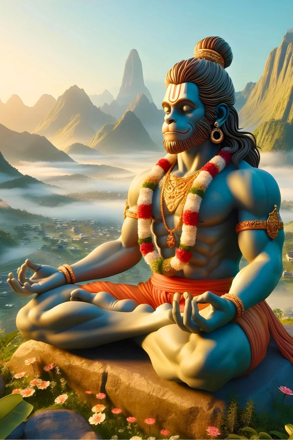 Hanuman meditating amidst a mountain landscape
