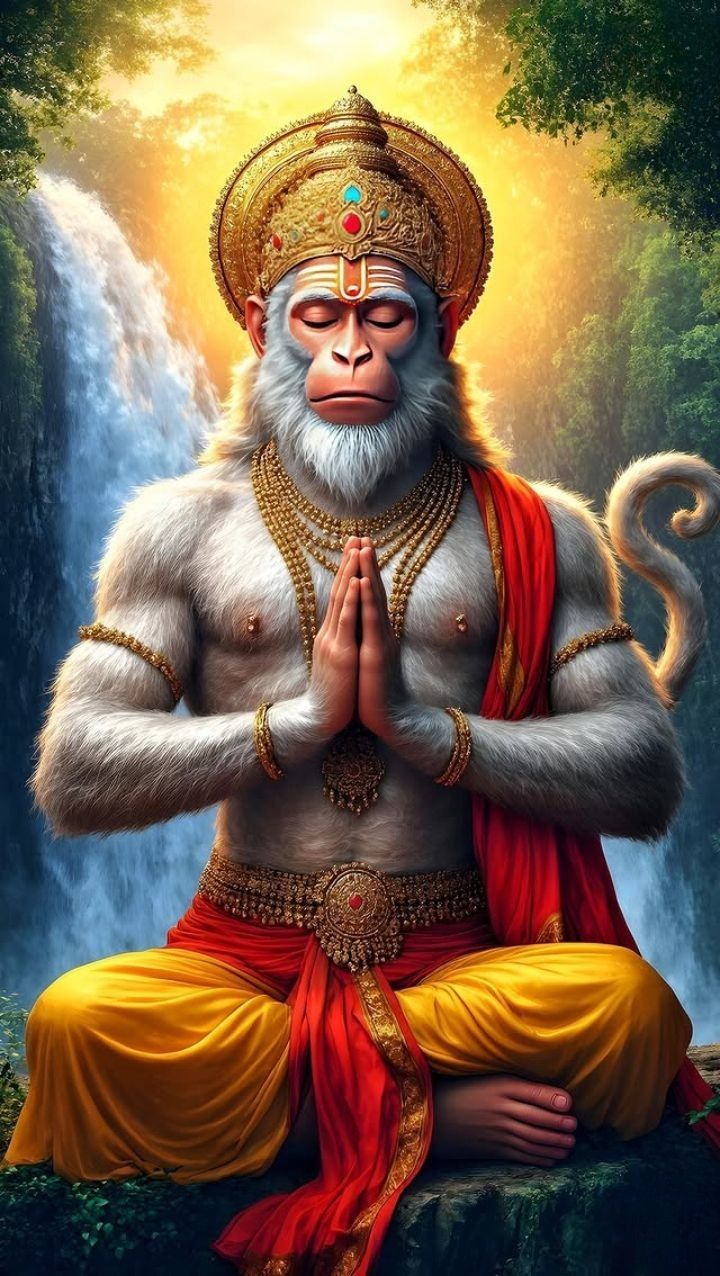 Hanuman in prayer, peaceful devotion.