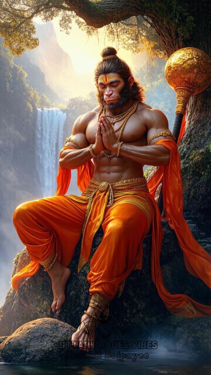Hanuman in prayer by waterfall