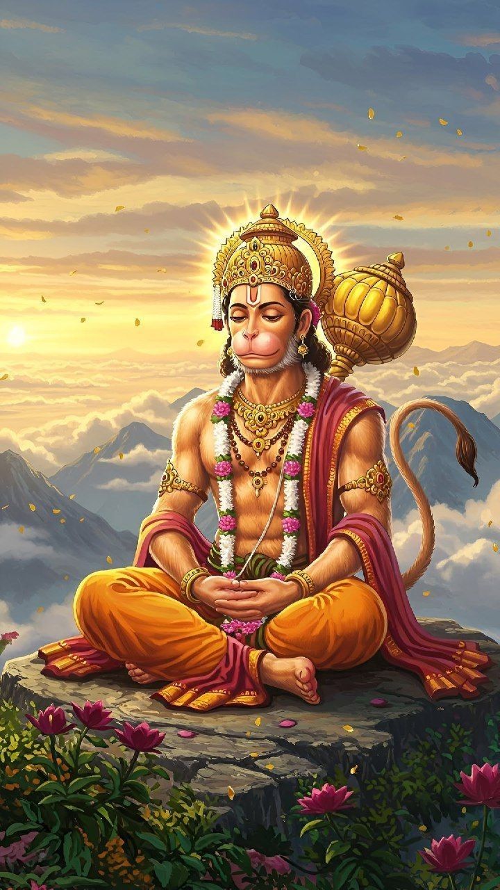 Hanuman meditating on a mountaintop