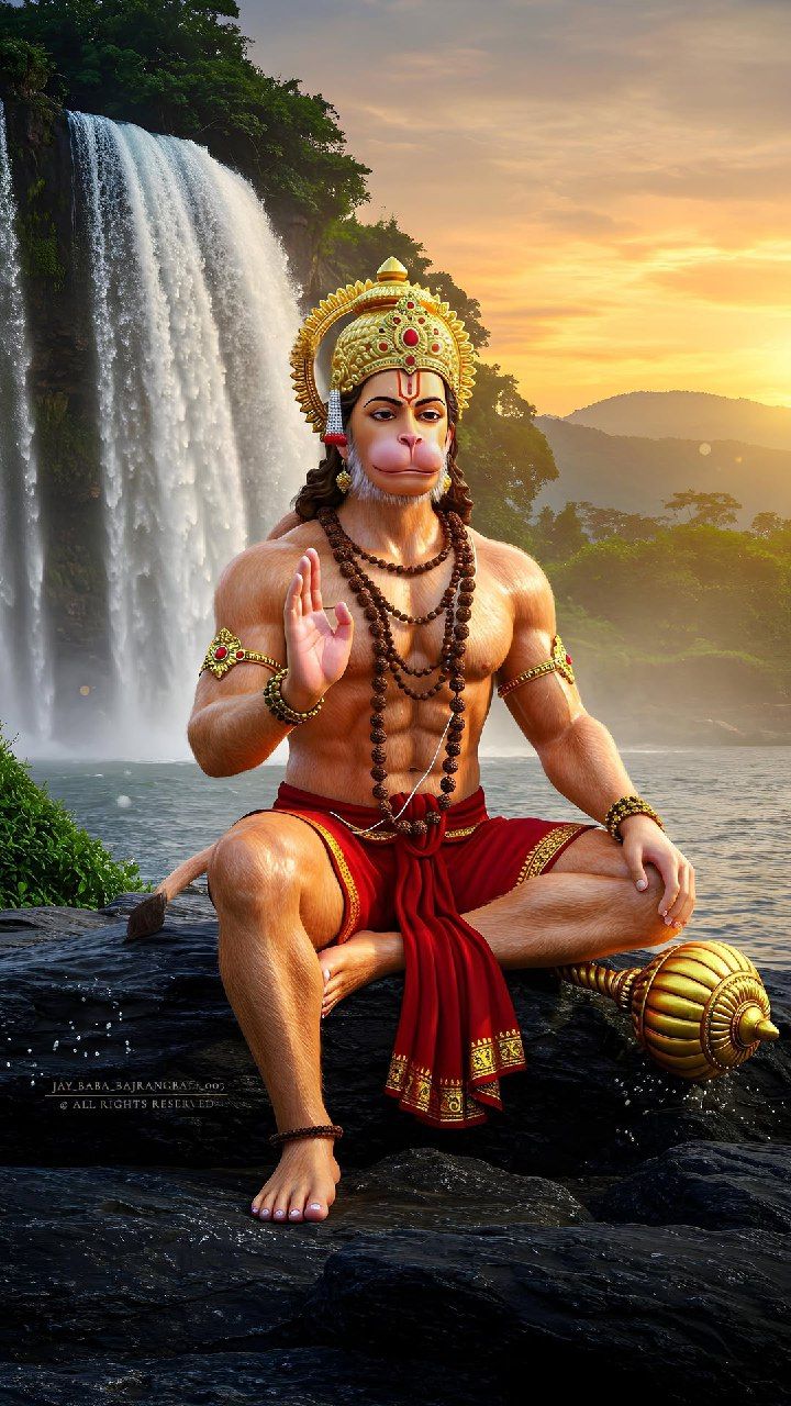 Hanuman meditating by a waterfall