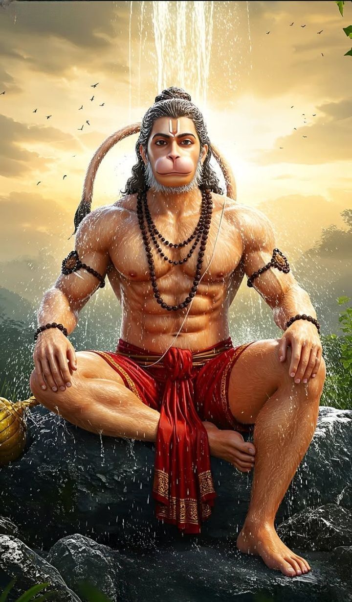 Hanuman meditating by a waterfall.