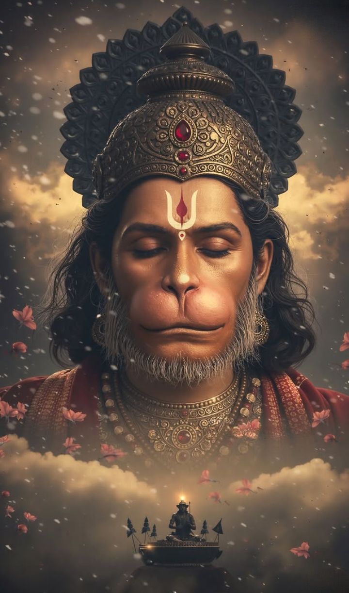 Serene Hanuman portrait with floral accents.
