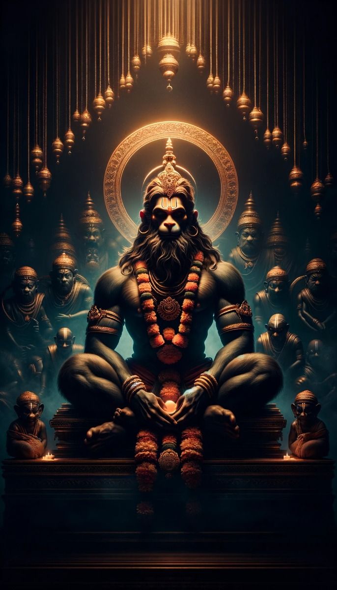 Hanuman meditating with surrounding devotees