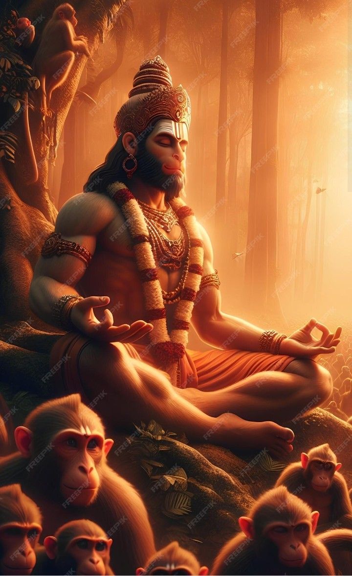 Hanuman in meditative pose surrounded by monkeys