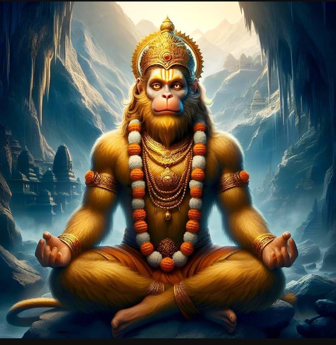 Hanuman meditating in the mountains
