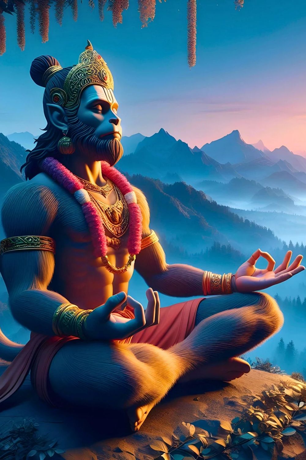 Hanuman meditating in a peaceful landscape