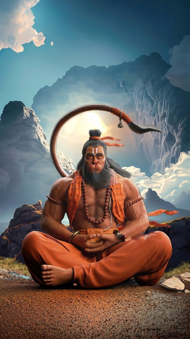 Hanuman meditating amidst a divine landscape