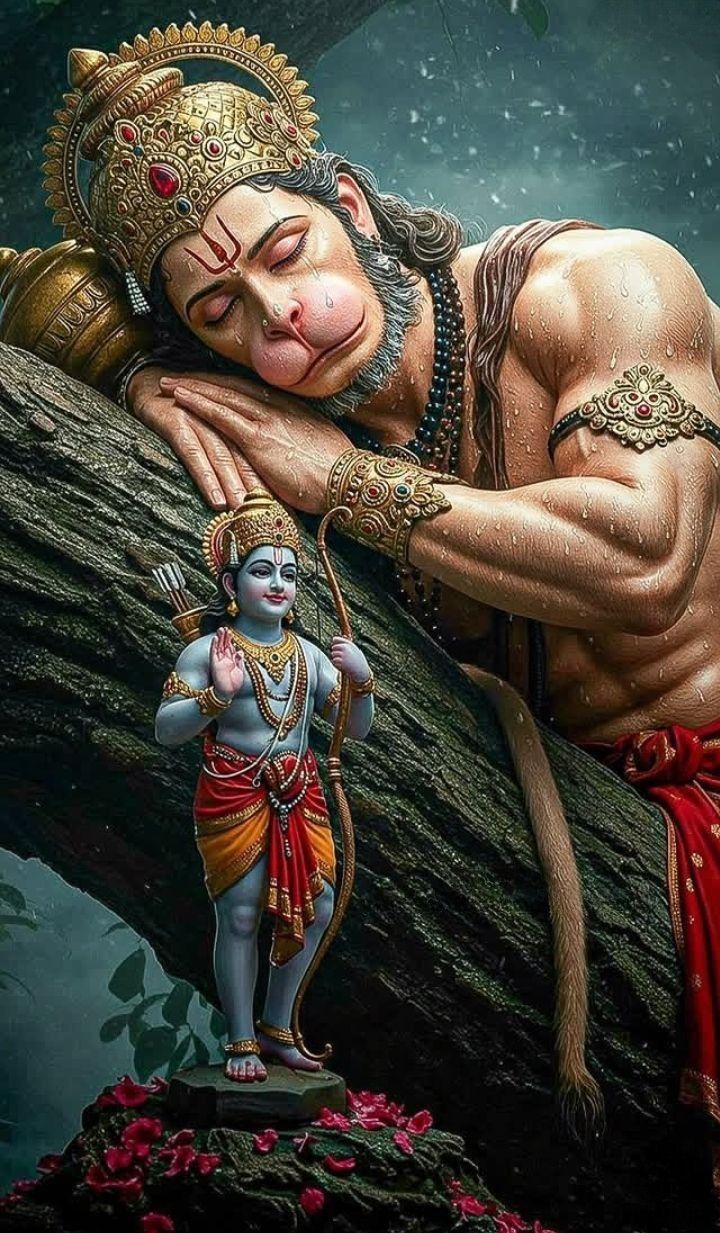 Hanuman rests with Rama and Lakshman