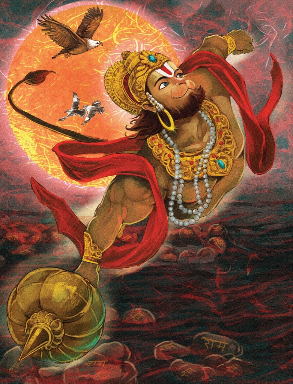 Hanuman carrying Sanjeevani mountain, divine rescue