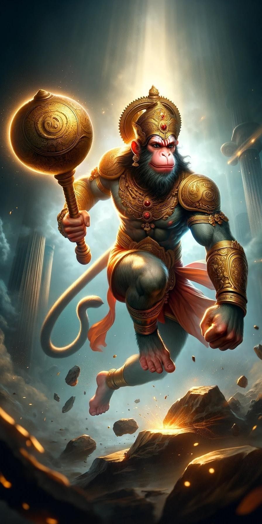Hanuman leaps with golden mace