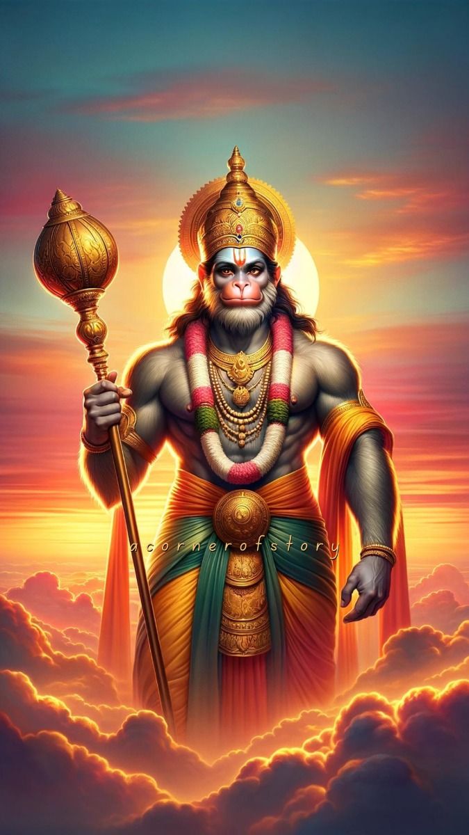 Hanuman stands with mace in clouds