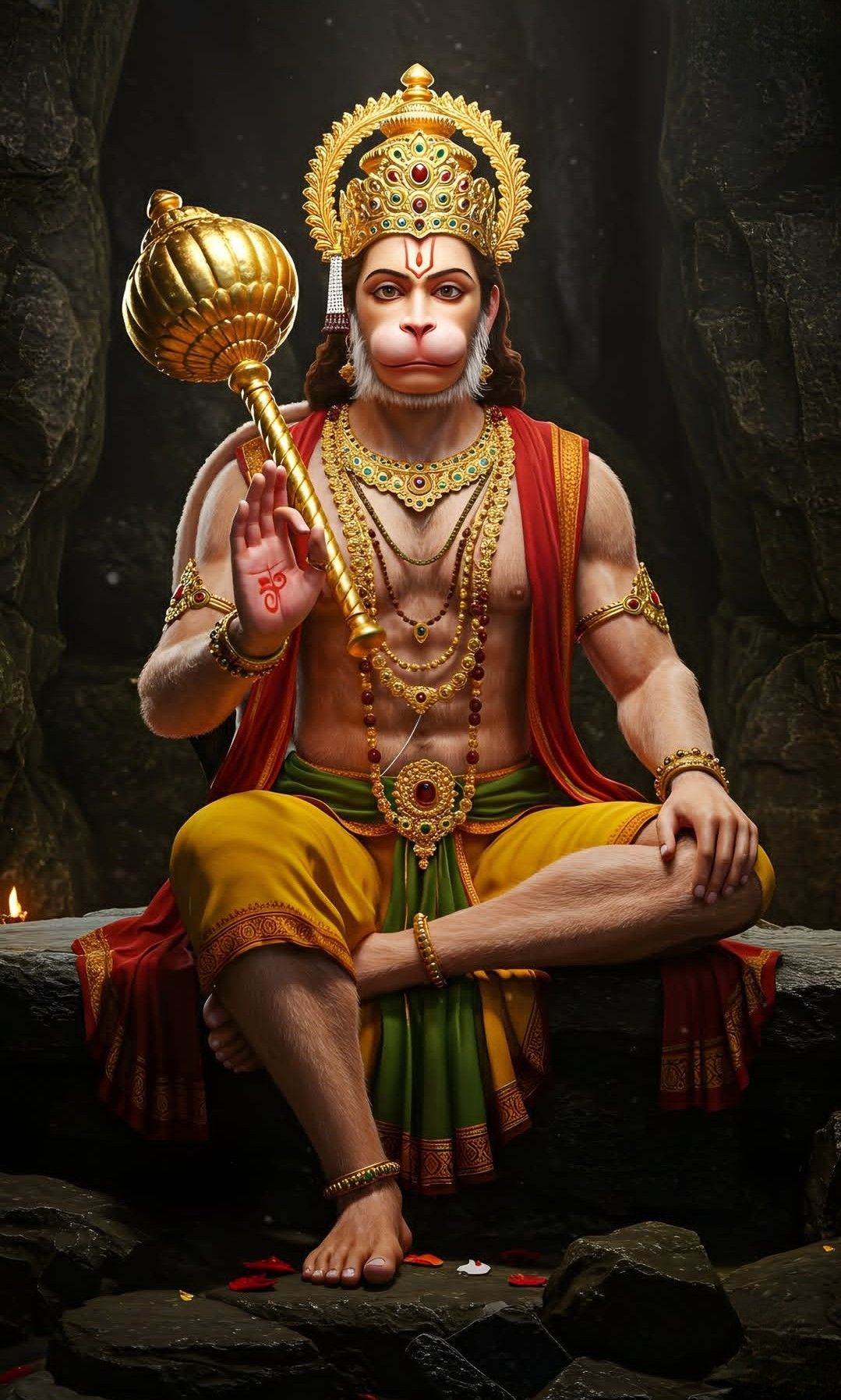 Hanuman seated with golden mace.