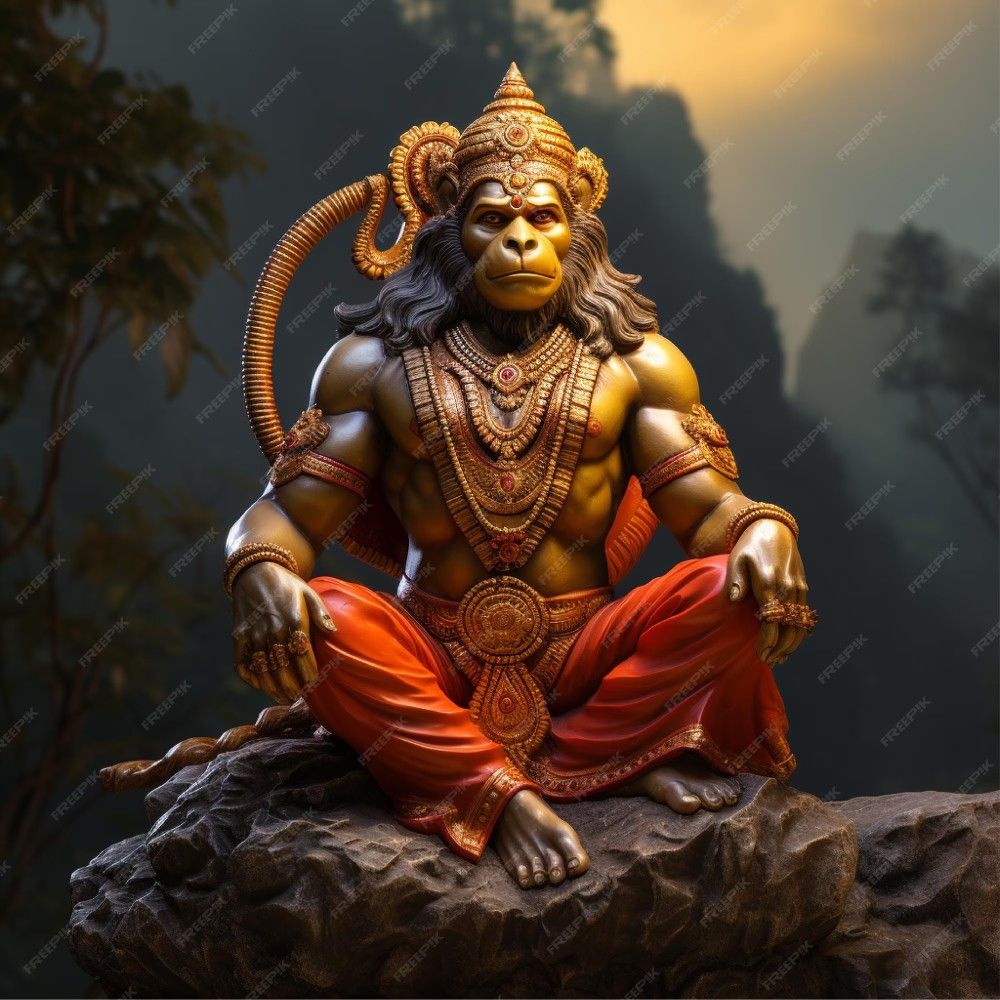 Powerful Hanuman sits on a mountain.