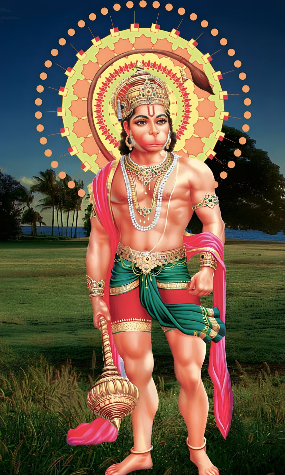 Hanuman standing with mace in forest