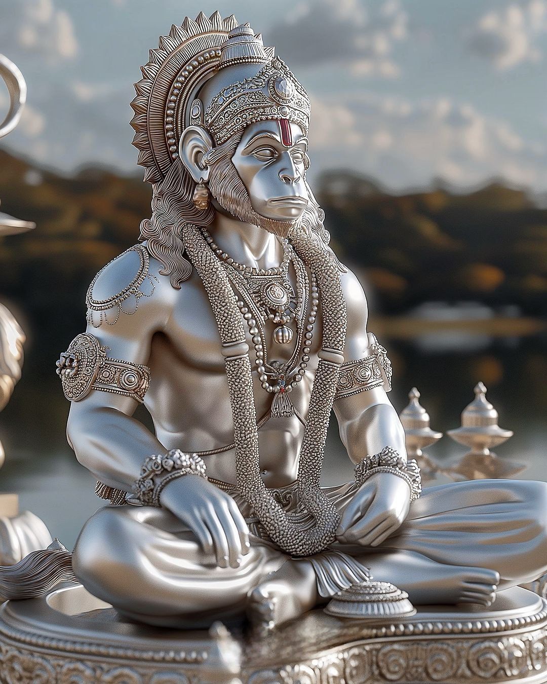 Hanuman seated with a mace, silver statue.