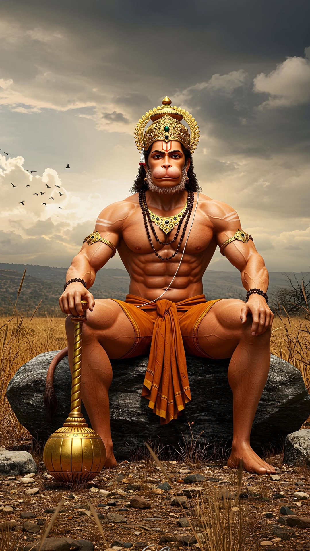 Powerful Hanuman sits with his mace.
