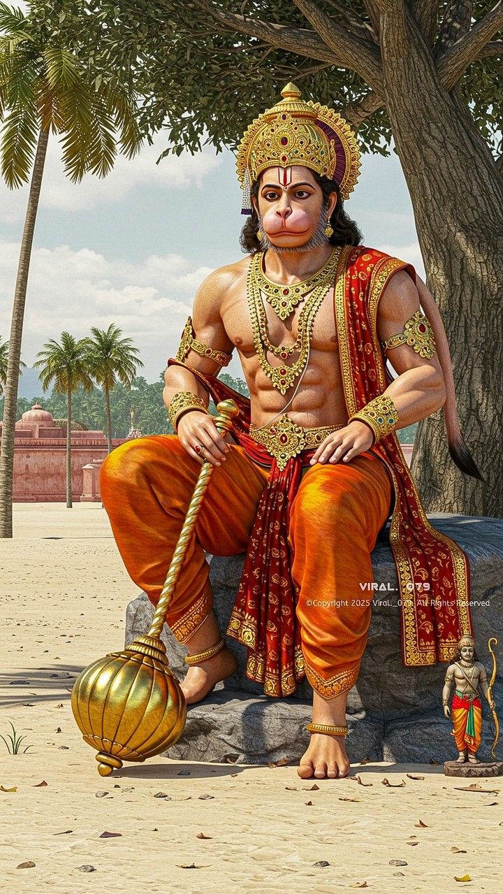 Hanuman sitting in a tropical forest.