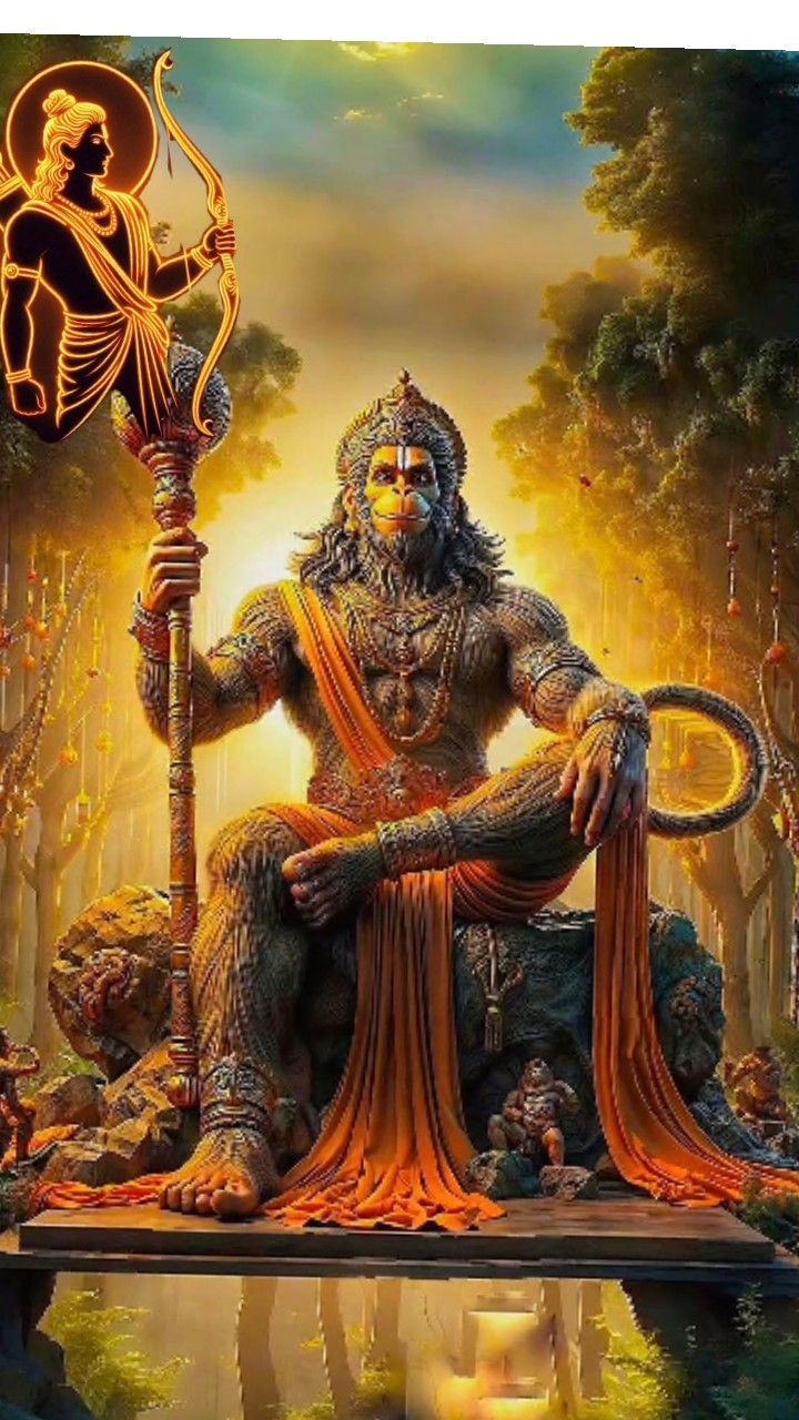 Hanuman seated with gada, radiating divine energy