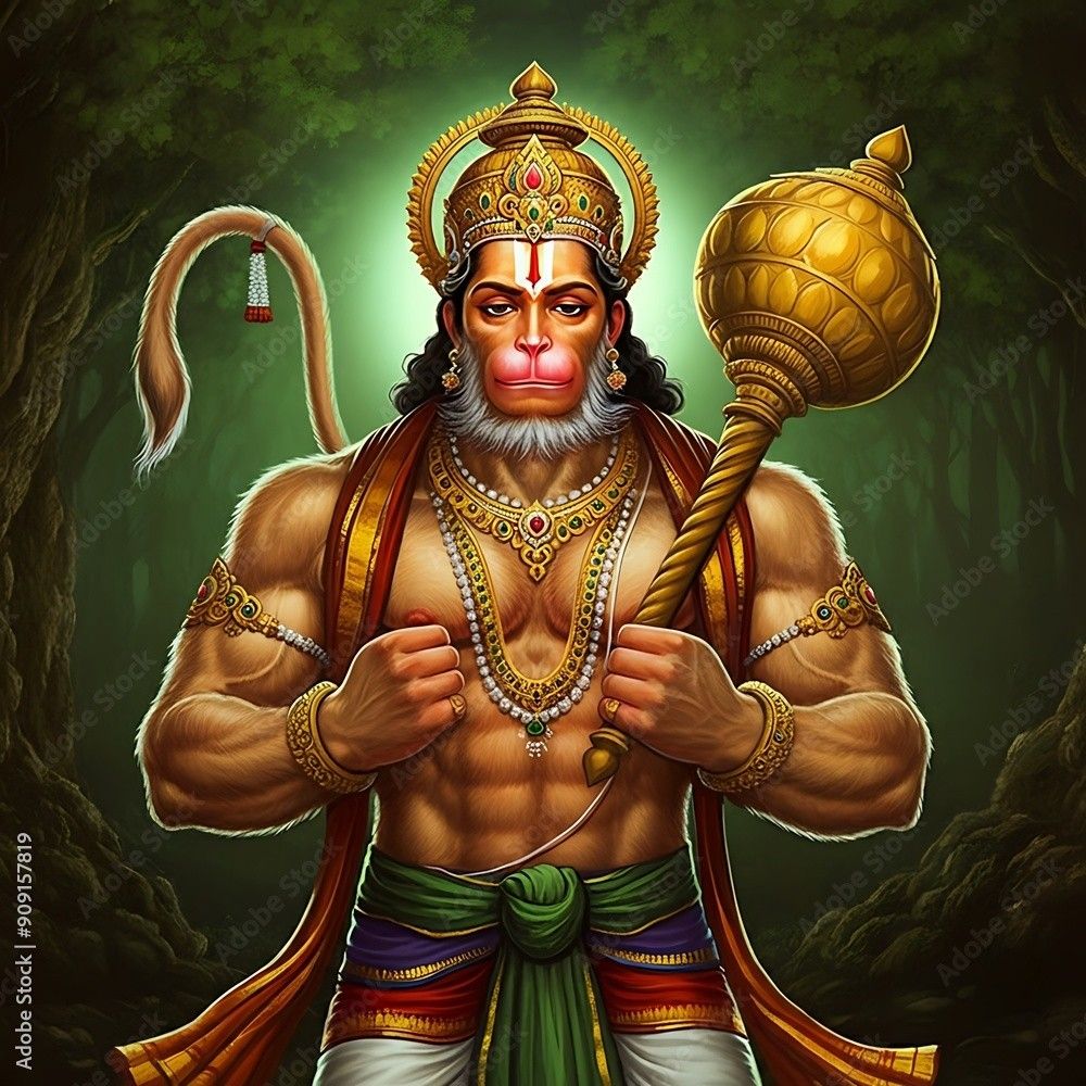 Powerful Hanuman holding a mace.