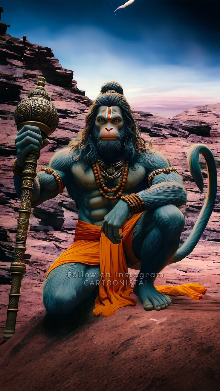 Powerful Hanuman with golden mace.