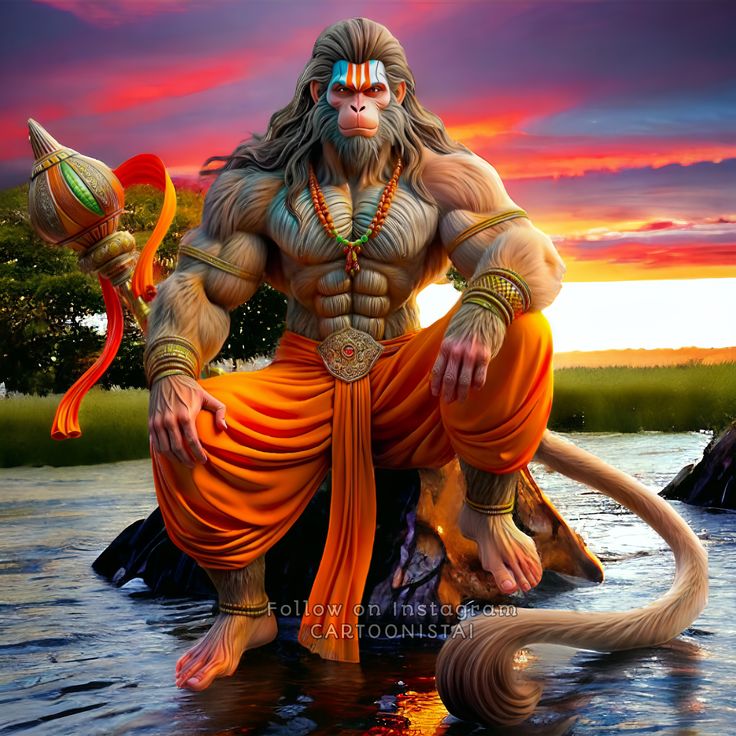 Hanuman seated against a sunset sky
