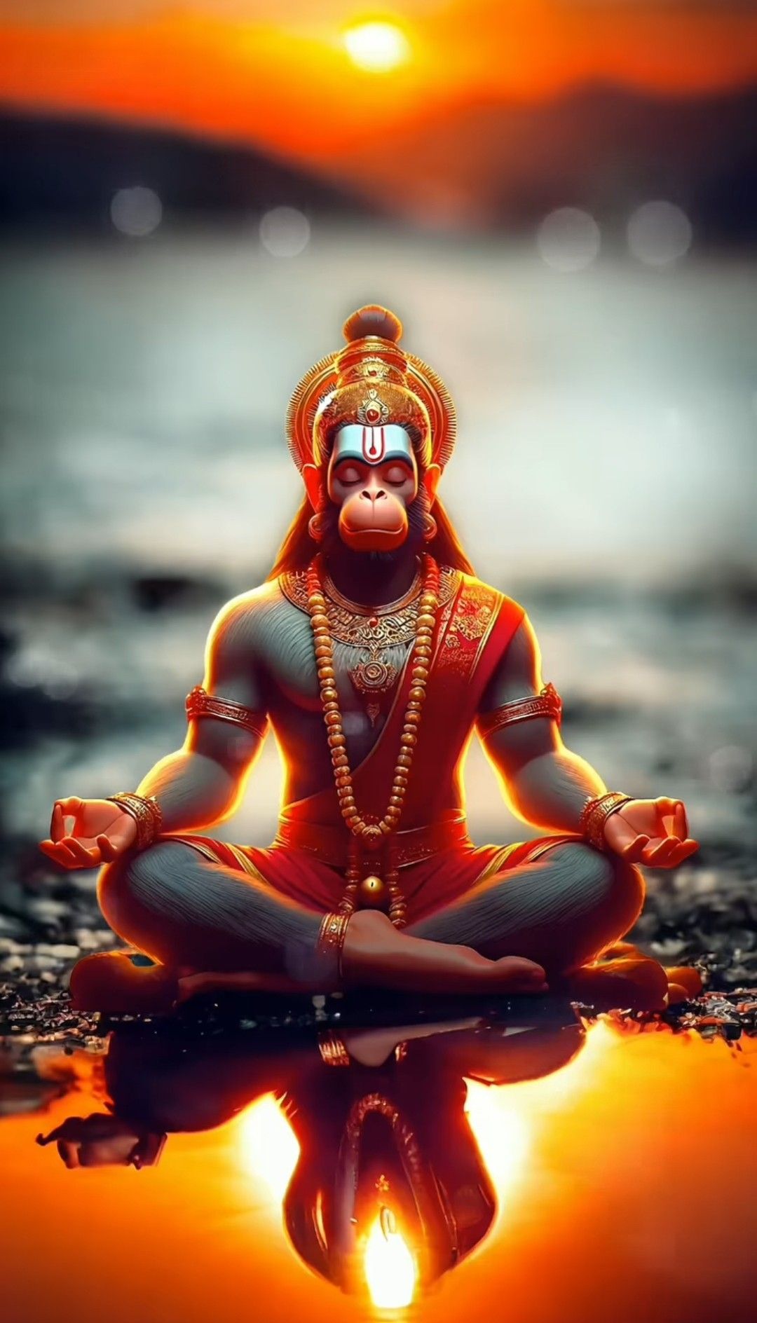 Meditating Hanuman during a sunset