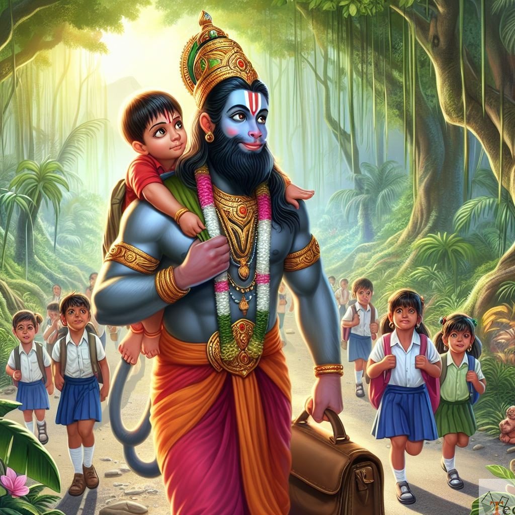 Hanuman carrying child through forest.