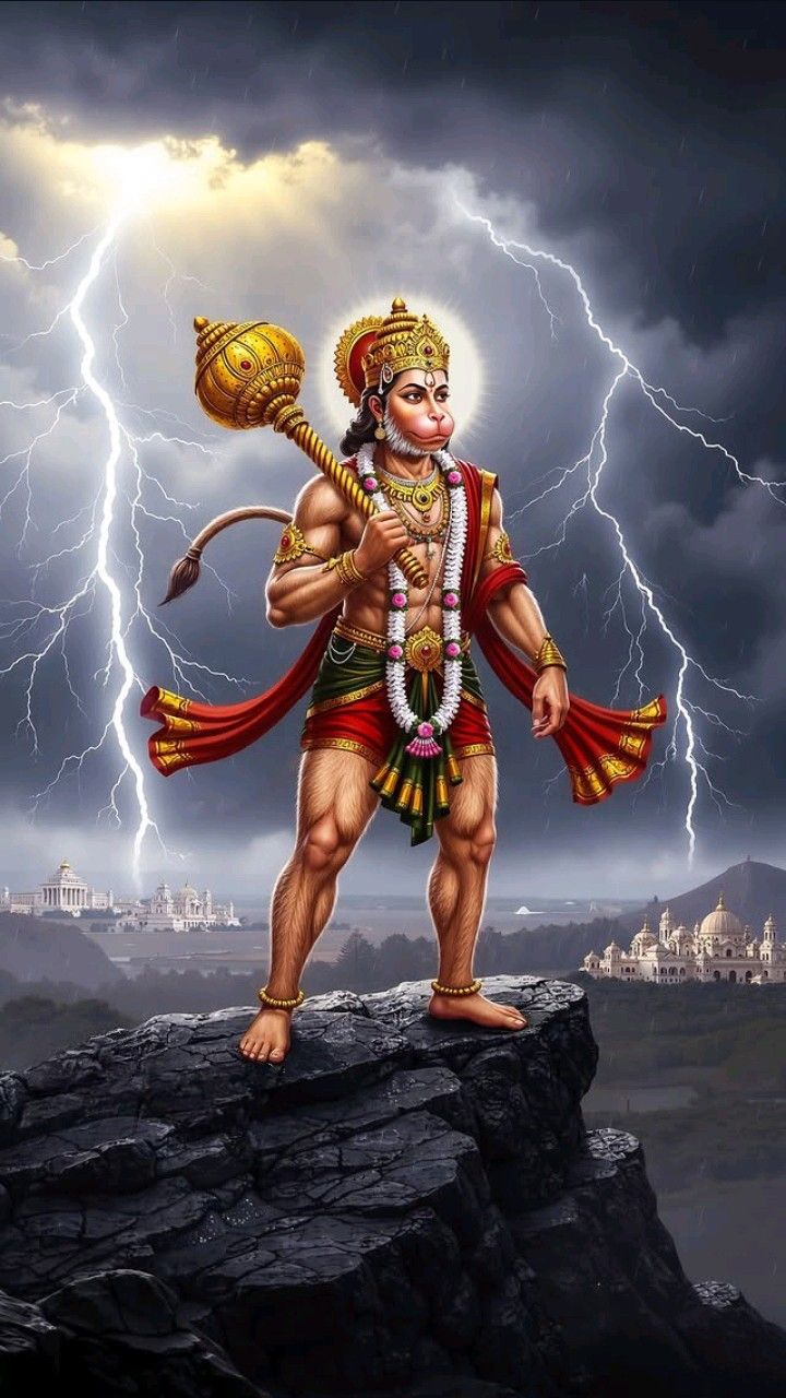 Hanuman standing in stormy weather