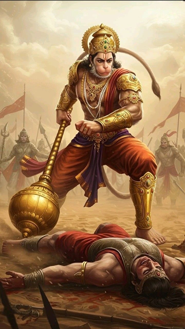 Hanuman stands victorious on battlefield