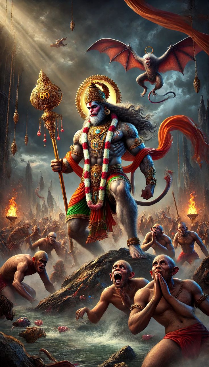 Hanuman triumphing over rakshasas, divine warrior